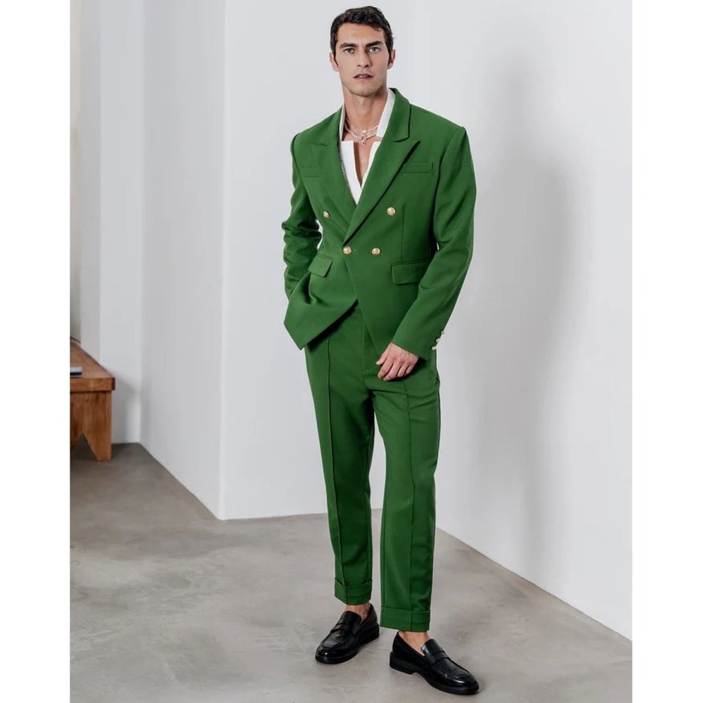 Orttu Mens Green Lucian Double Breasted Blazer and Trouser Suit Set Size M/L